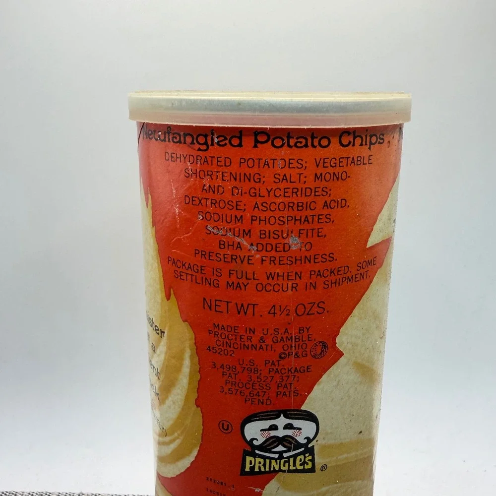 Vintage Pringles Newfangled Potato Chips Canister 1970s P&G Advertising Tin Lid